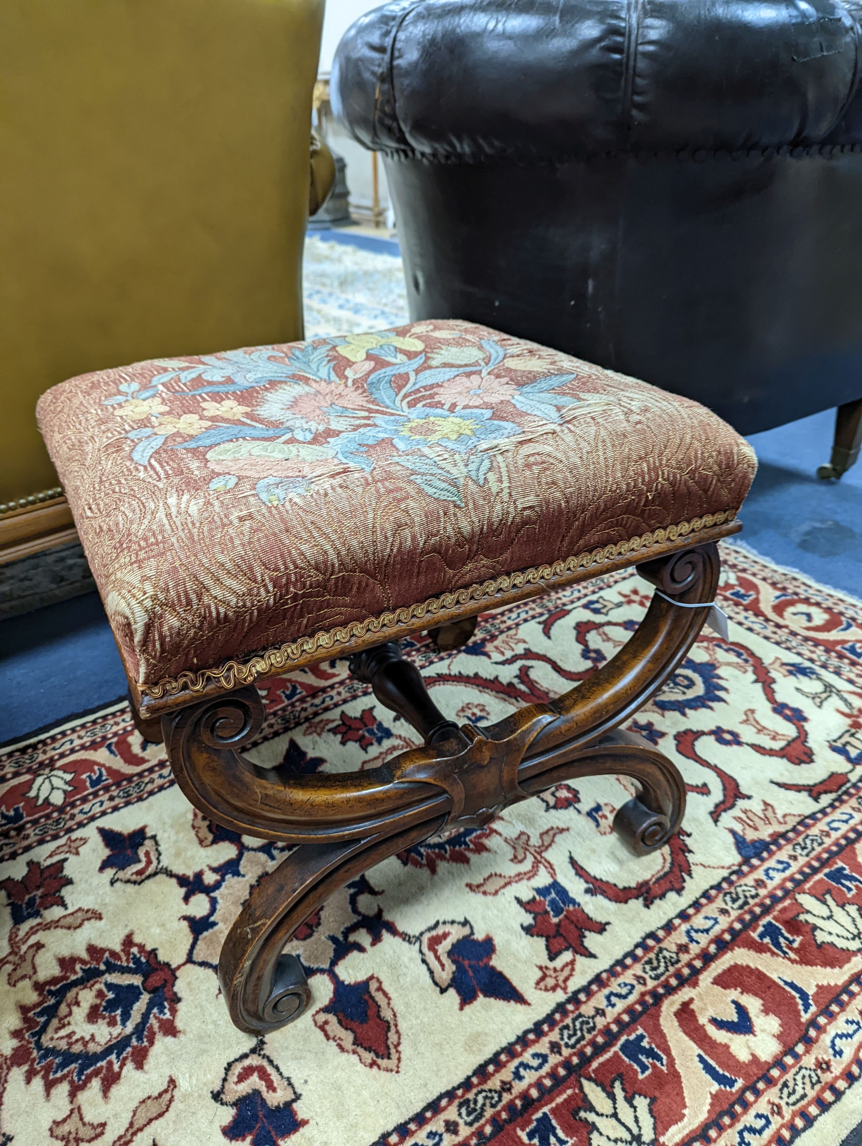 An early Victorian mahogany X frame dressing stool, length 46cm, depth 45cm, height 42cm